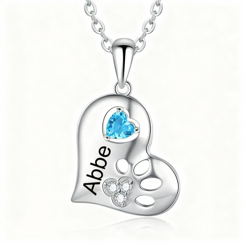 Collier pendentif en or blanc 10 carats avec zircon cubique taille cœur, pierre de naissance personnalisée et gravure personnalisée (motif patte et cœur).-13