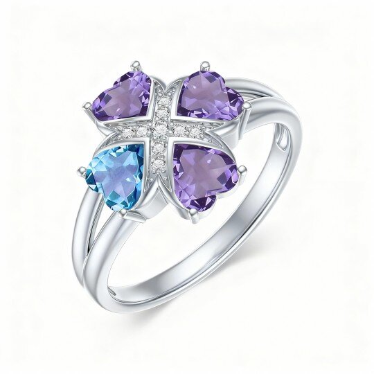 Anel personalizado com pedra de nascimento e gravação personalizada em ouro branco 10K com zircónias cúbicas em corte coração.