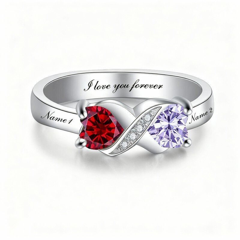 9K White Gold Heart Cut Cubic Zirconia Personalized Birthstone & Personalized Engraving & Heart Ring-1