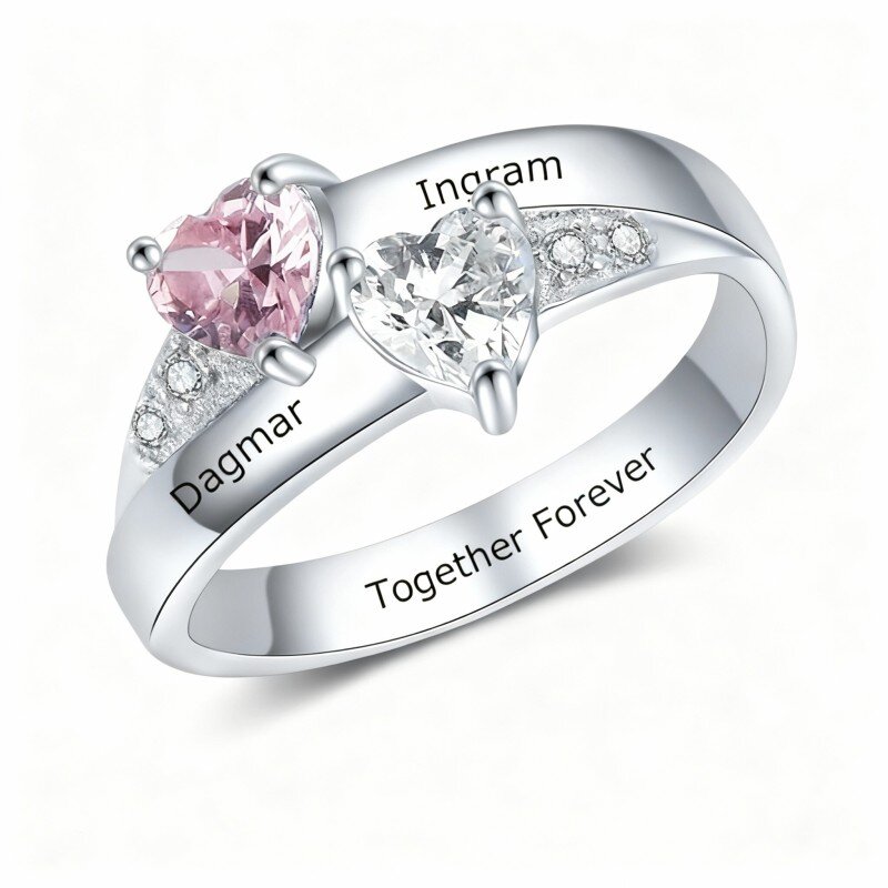 Bague en or blanc 10 carats avec zircon cubique taille cœur et pierre de naissance personnalisée (gravure incluse).-1