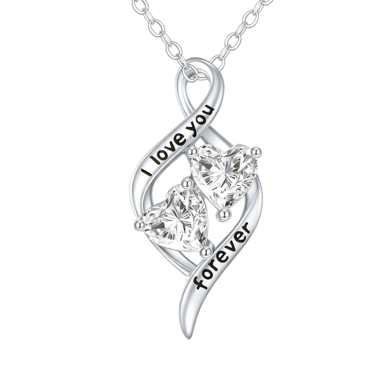 Naszyjnik z wisiorkiem z 10-karatowego białego złota z cyrkonią sześcienną w szlifie serca, z kamieniem szlachetnym i symbolem nieskończoności oraz grawerowanym słowem