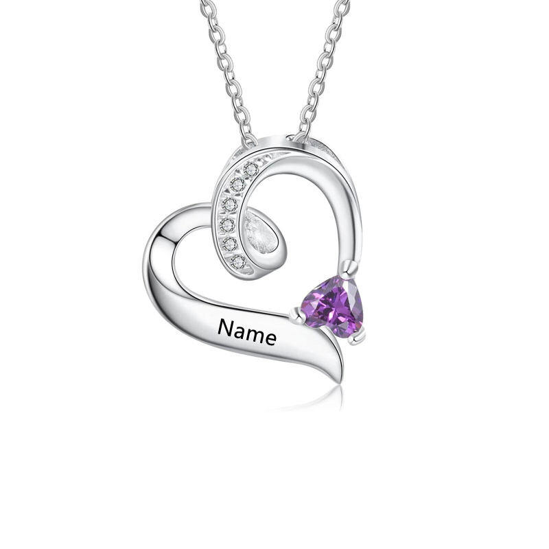 Platinum with White Gold Plated Heart Cut Cubic Zirconia Personalized Birthstone & Heart Pendant Necklace-1
