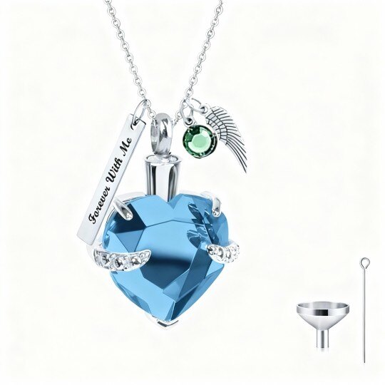 10Kホワイトゴールド ハートカット キュービックジルコニア パーソナライズ クラシックネーム＆エンジェルウィング 骨壷ネックレス 灰用