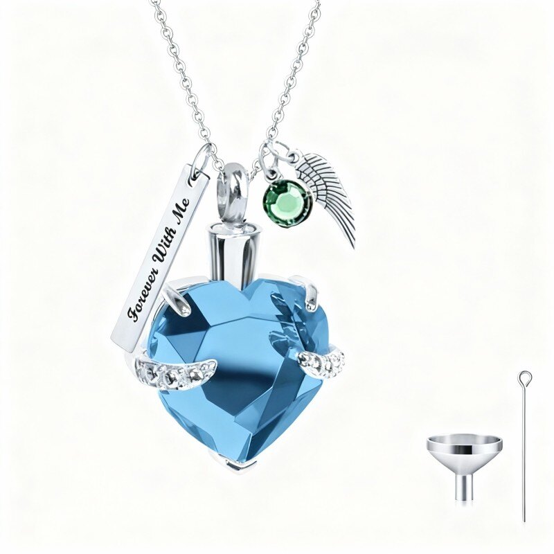 Collar urna personalizado con nombre y ala de ángel en oro blanco de 10 quilates con circonita cúbica talla corazón para cenizas-16