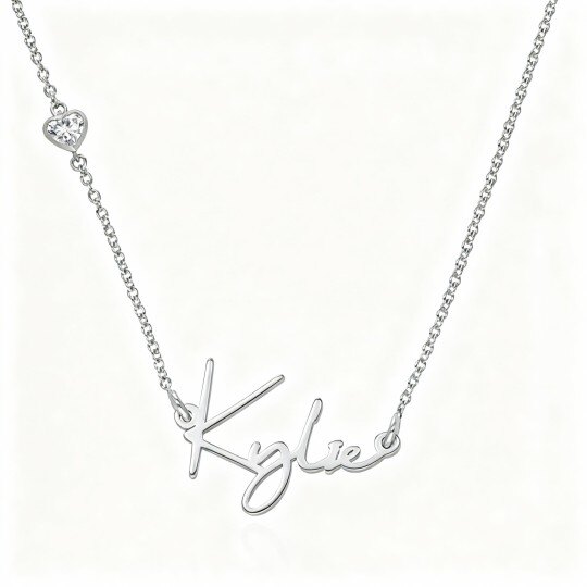 Collar con colgante clásico personalizado con nombre, de oro blanco de 10 quilates, circonita cúbica con corte de corazón