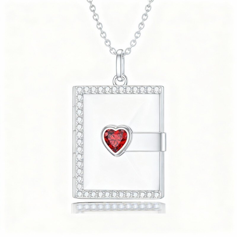Colar com pendente personalizado em ouro branco 10K com zircónias cúbicas em forma de coração e foto quadrada personalizada-1