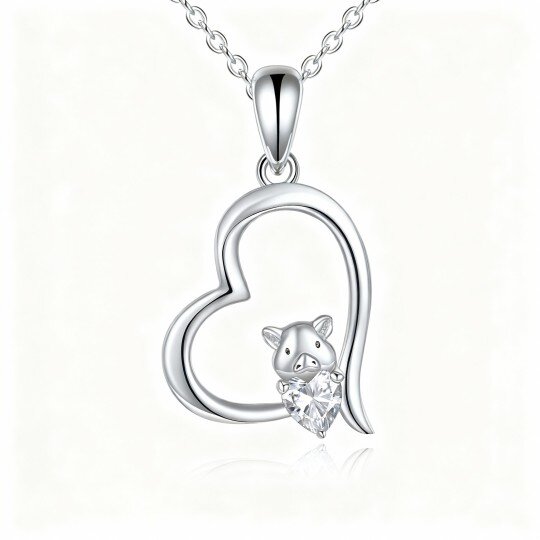 10K White Gold Heart Cut Cubic Zirconia Pig & Heart Pendant Necklace