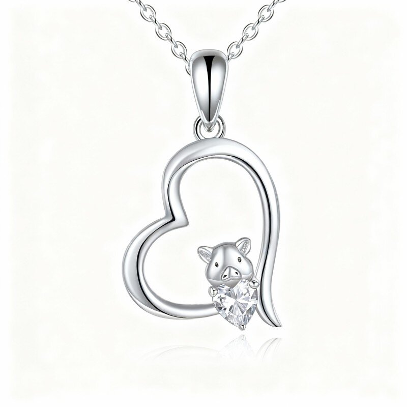 10K White Gold Heart Cut Cubic Zirconia Pig & Heart Pendant Necklace-10