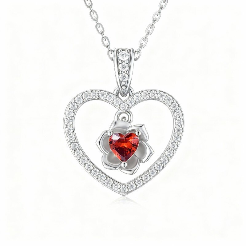 10K White Gold Heart Cut Cubic Zirconia Rose & Heart Pendant Necklace-8