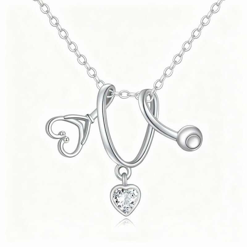 9K White Gold Heart Cut Cubic Zirconia Stethoscope Pendant Necklace-4