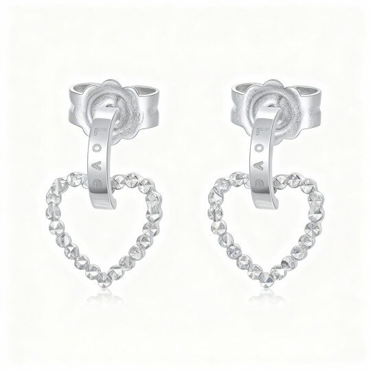 10K White Gold Heart Drop Earrings with Engraved Word