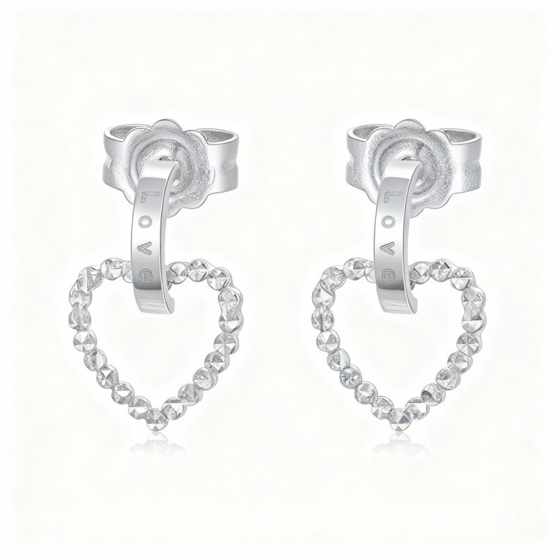 10K White Gold Heart Drop Earrings with Engraved Word-19