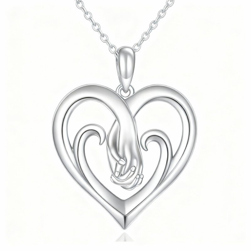 Halskette aus 10-karätigem Weißgold mit Herzanhänger und Anhänger „Hände halten“.-12