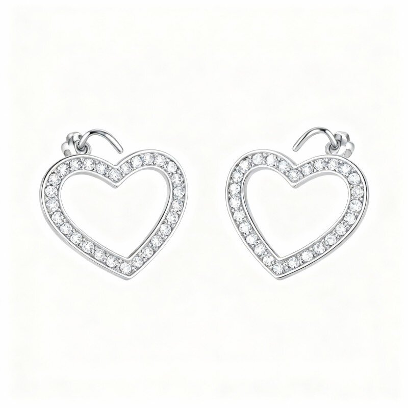 10K White Gold Cubic Zirconia Heart Hoop Earrings-6
