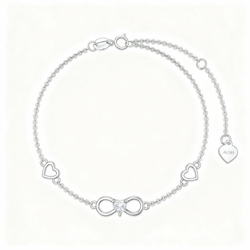 Pulseira com pendente coração e símbolo do infinito em ouro branco 10K com zircónias cúbicas-5