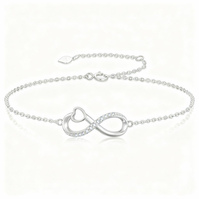 Pulseira com pendente coração e símbolo do infinito em ouro branco 10K com zircónias cúbicas-8