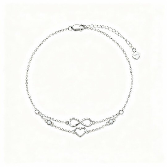 10K White Gold Cubic Zirconia Heart & Infinity Symbol Multi-layered Charm Anklet