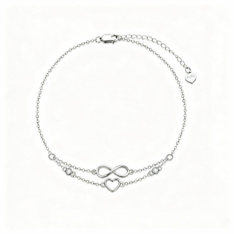 10K White Gold Cubic Zirconia Heart & Infinity Symbol Multi-layered Charm Anklet-8