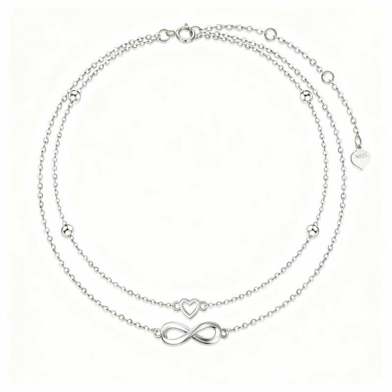 10K White Gold Heart & Infinity Symbol Multi-layered Charm Anklet-3