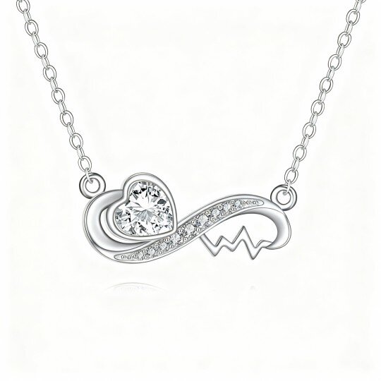 Colar com pendente coração e símbolo do infinito em ouro branco 10K com zircónias cúbicas