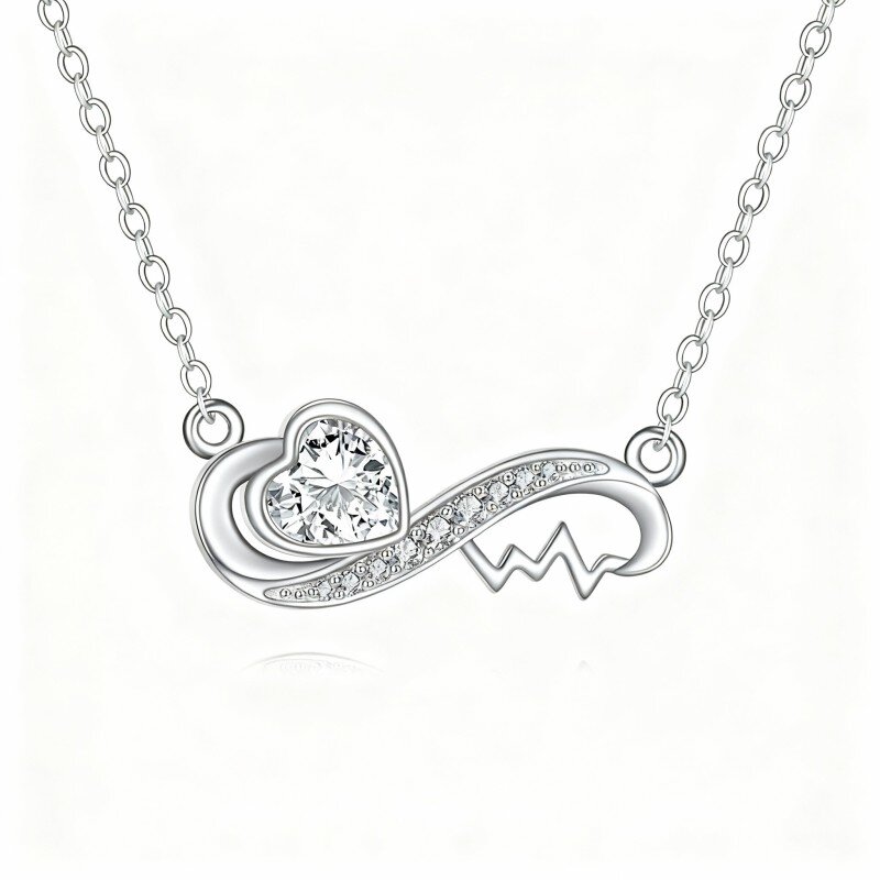 10K White Gold Cubic Zirconia Heart & Infinity Symbol Pendant Necklace-10