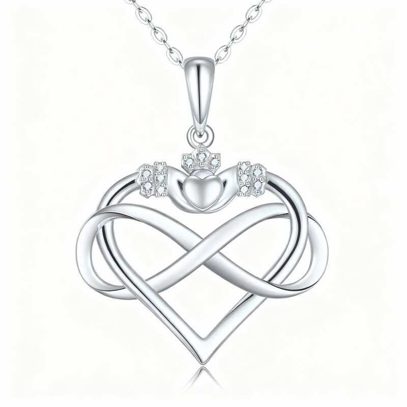 Colar com pendente coração e símbolo do infinito em ouro branco 10K com zircónias cúbicas-19