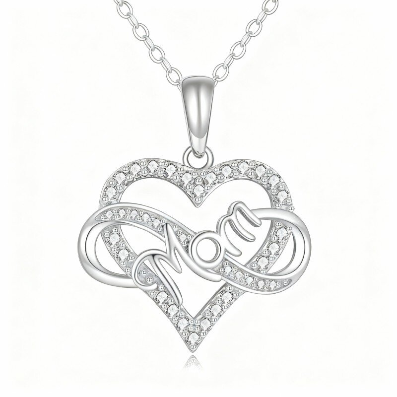 10K White Gold Cubic Zirconia Heart & Infinity Symbol Pendant Necklace with Engraved Word-11