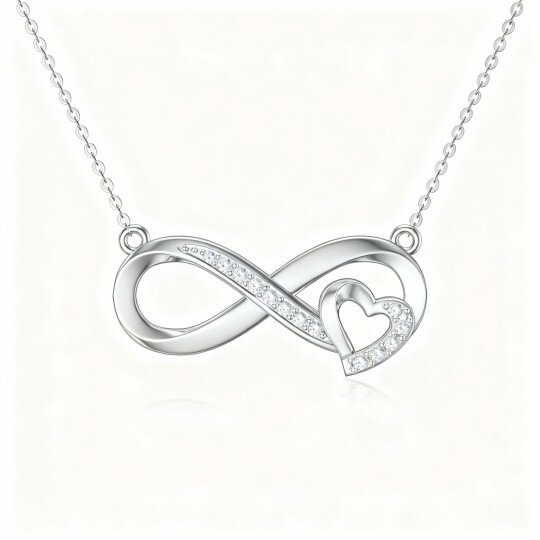 قلادة من الذهب الأبيض عيار 10 قيراط مرصعة بالزركونيا المكعبة على شكل قلب ورمز اللانهاية