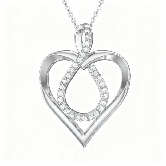 قلادة من الذهب الأبيض عيار 10 قيراط مرصعة بالزركونيا المكعبة على شكل قلب ورمز اللانهاية