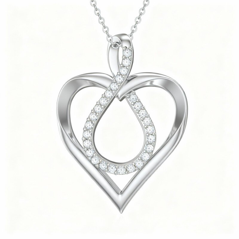 Collar con colgante de corazón y símbolo de infinito en oro blanco de 10 quilates con circonitas cúbicas-16