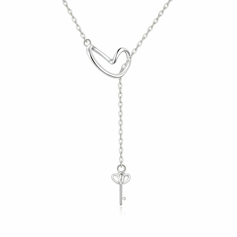 10K White Gold Heart & Key Adjustable Y Necklace-1