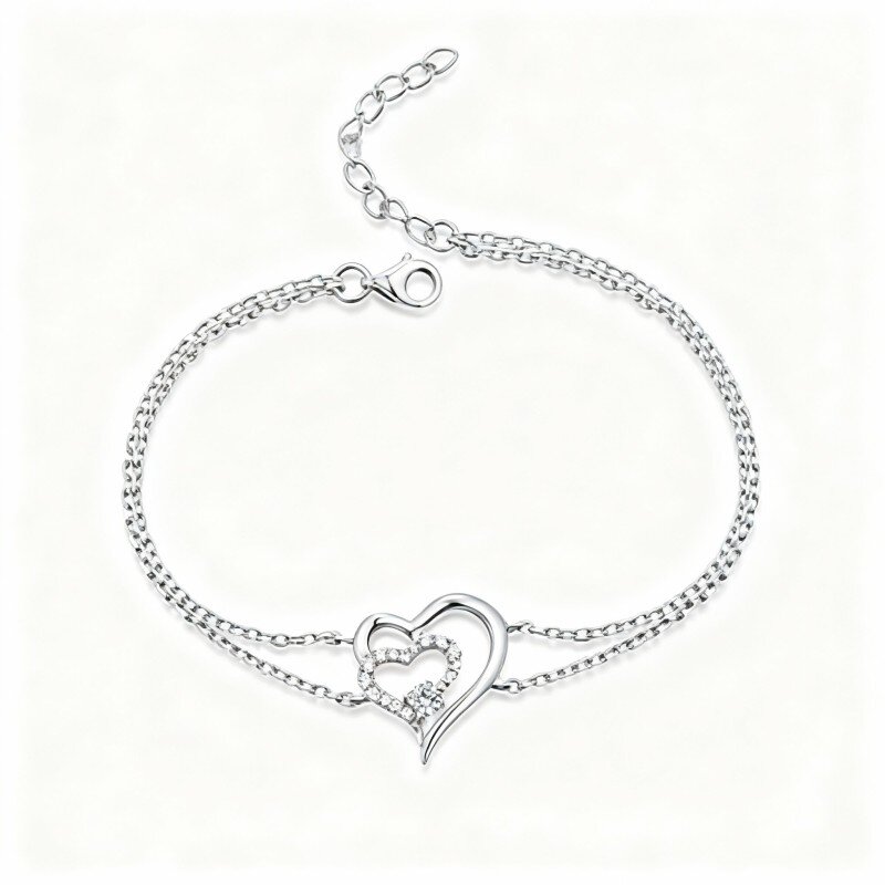 Pulseira em camadas com corações cravejados de zircónias cúbicas em ouro branco de 10 quilates-12