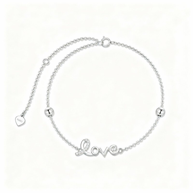9K White Gold Heart Metal Beads Bracelet with Engraved Word-1