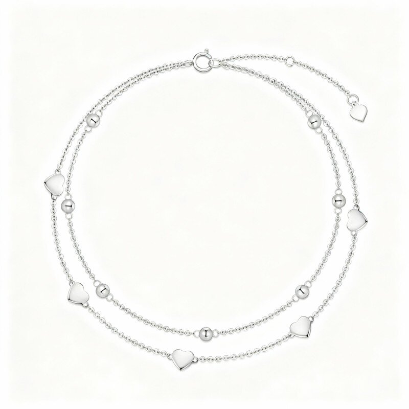 10K White Gold Heart Multi-layered Charm Anklet-2