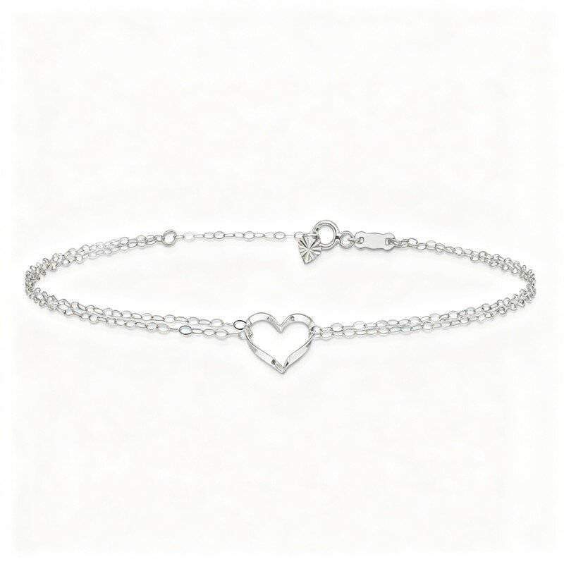 10K White Gold Heart Multi-layered Charm Anklet-15