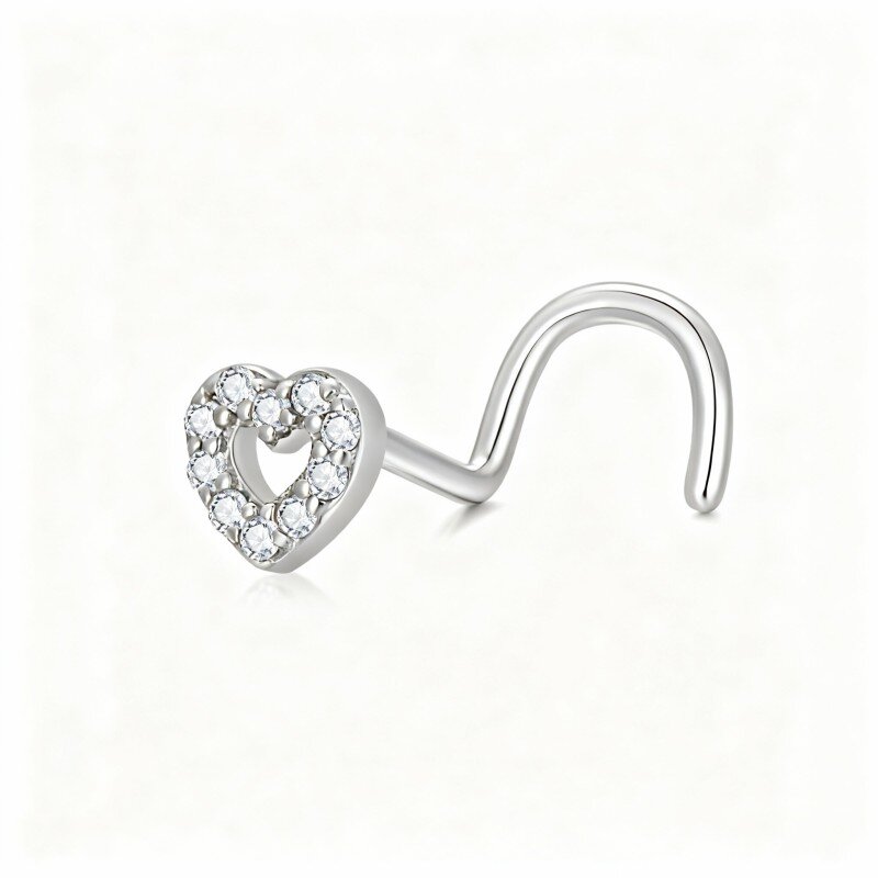 10K White Gold Cubic Zirconia Heart Nose Ring-1