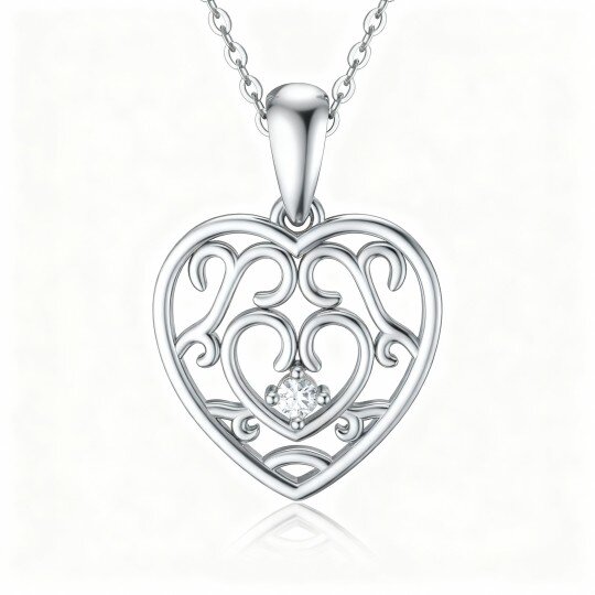 Colar com pendente coração em ouro branco 9K e zircónia cúbica
