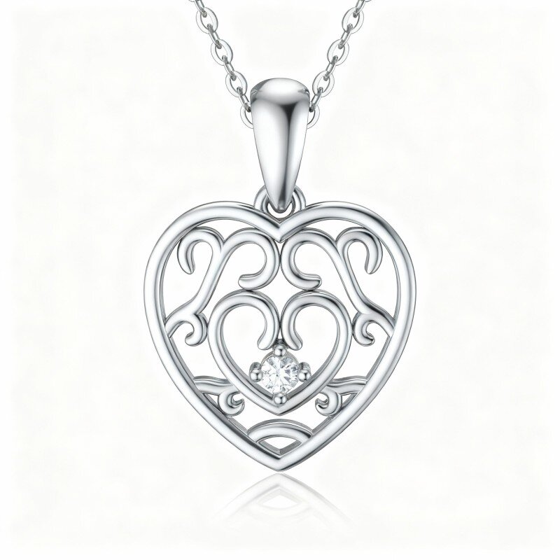 9K White Gold Cubic Zirconia Heart Pendant Necklace-1