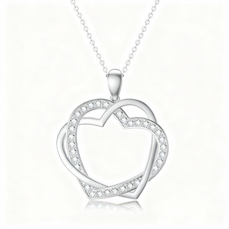 Colar com pendente coração em ouro branco 10K e zircónias cúbicas-14