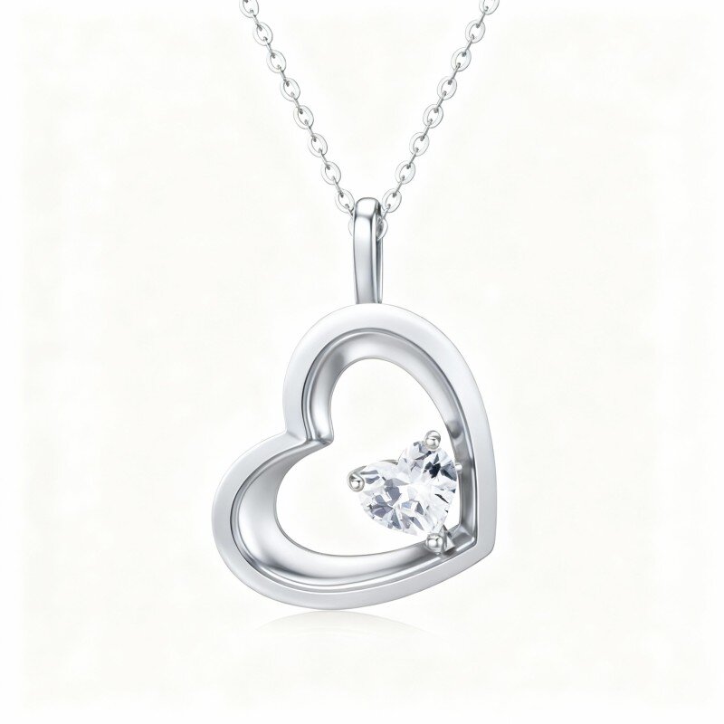 Colar com pendente coração em ouro branco 9K e zircónia cúbica-16