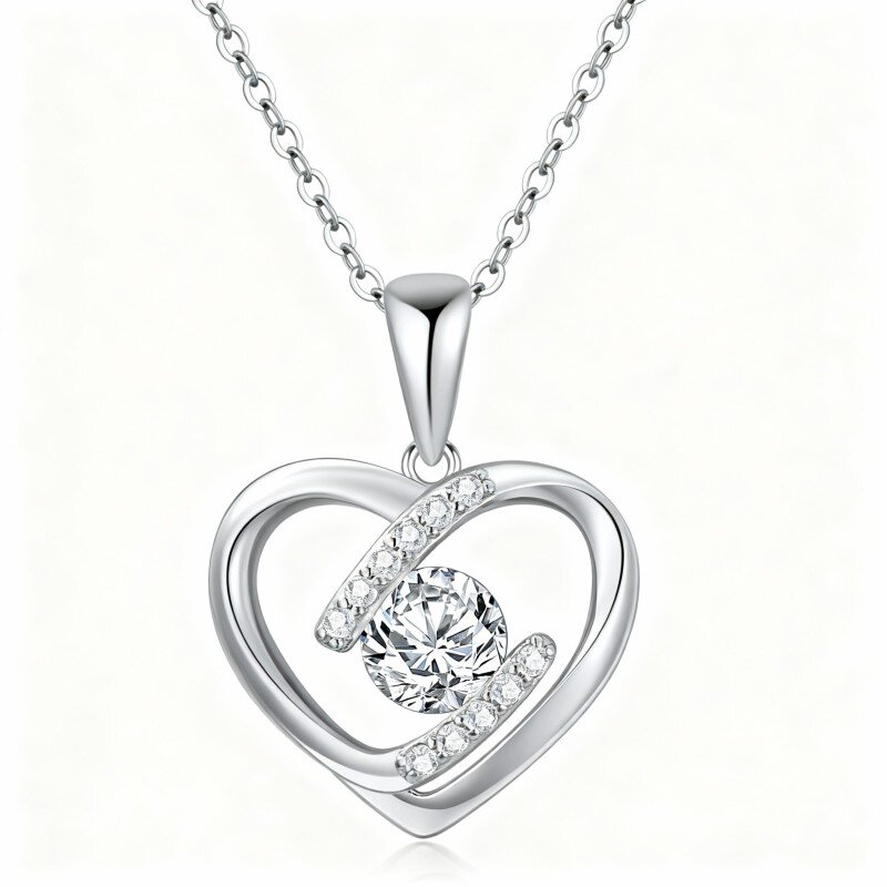 Colar com pendente coração em ouro branco 10K e zircónias cúbicas-5