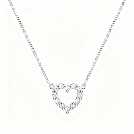 10Kホワイトゴールド キュービックジルコニア ハートペンダントネックレス