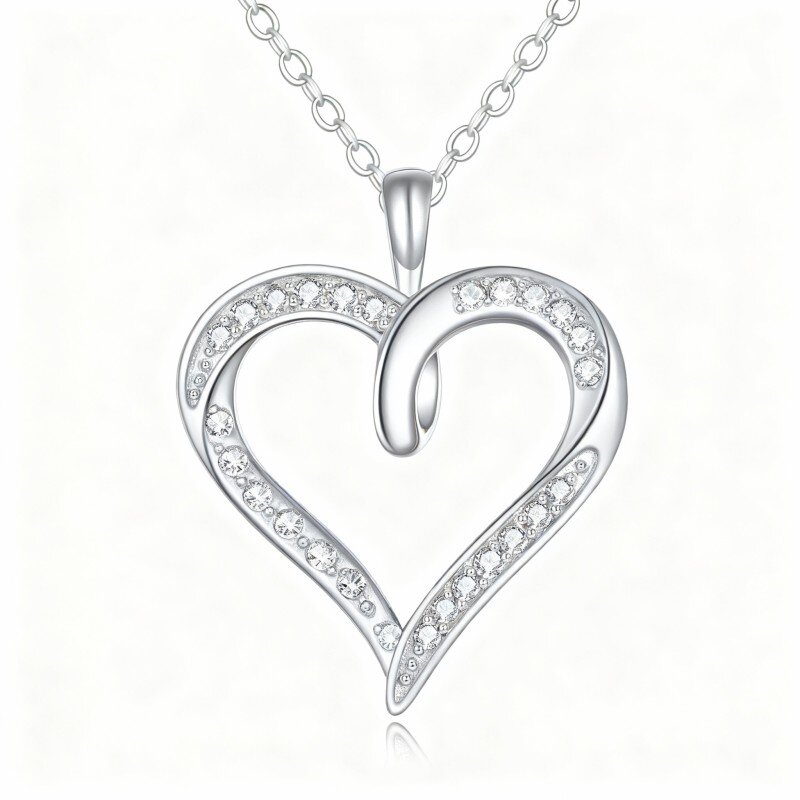 Colar com pendente coração em ouro branco 10K e zircónias cúbicas-11