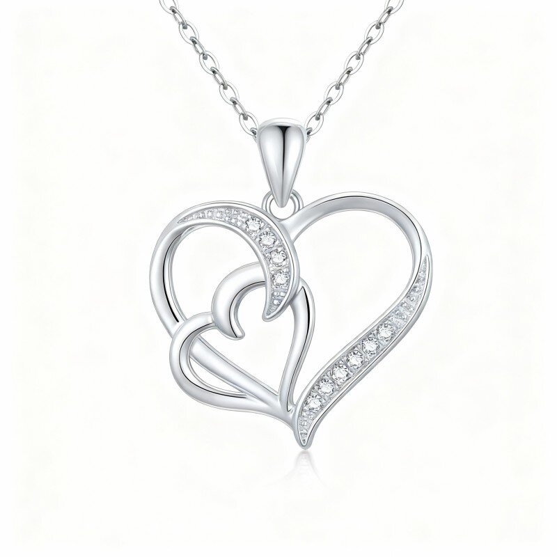 Colar com pendente coração em ouro branco 10K e zircónias cúbicas-10