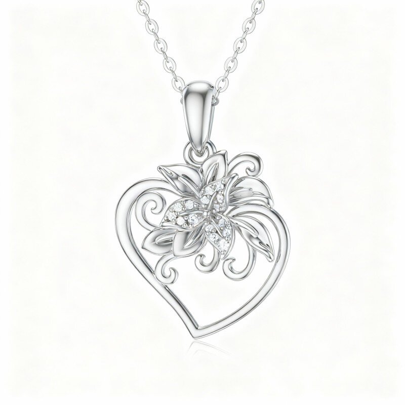 Colar com pendente coração em ouro branco 10K e zircónias cúbicas-12