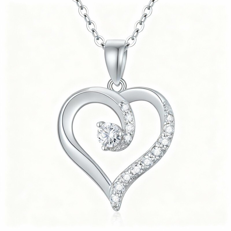14K White Gold Cubic Zirconia Heart Pendant Necklace-1