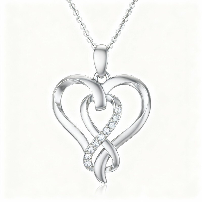10K White Gold Cubic Zirconia Heart Pendant Necklace-1