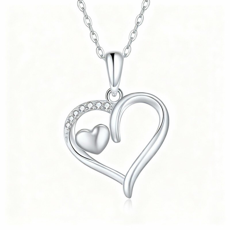 Colar com pendente coração em ouro branco 10K e zircónias cúbicas-2