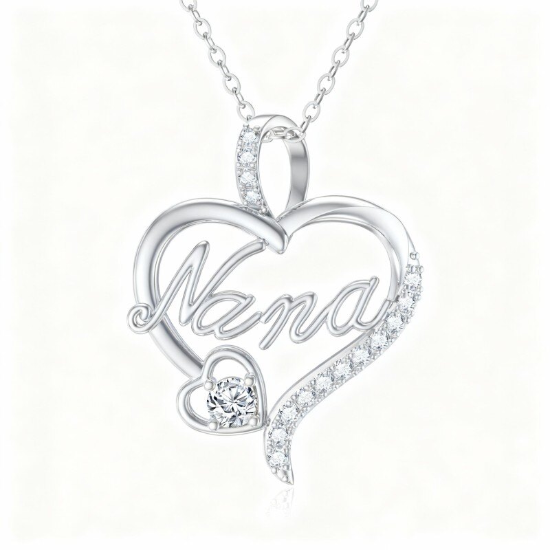 14K White Gold Cubic Zirconia Heart Pendant Necklace with Engraved Word-1