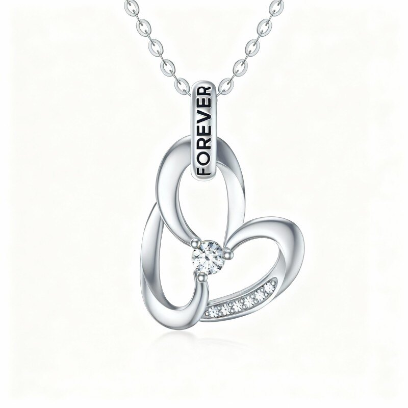 Halskette mit Herzanhänger aus 18-karätigem Weißgold und Zirkonia mit eingraviertem Wort-1